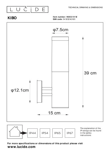 Lucide KIBO - Applique murale Intérieur/Extérieur - 1xE27 - IP44 - Chrome Dépoli - TECHNISCH